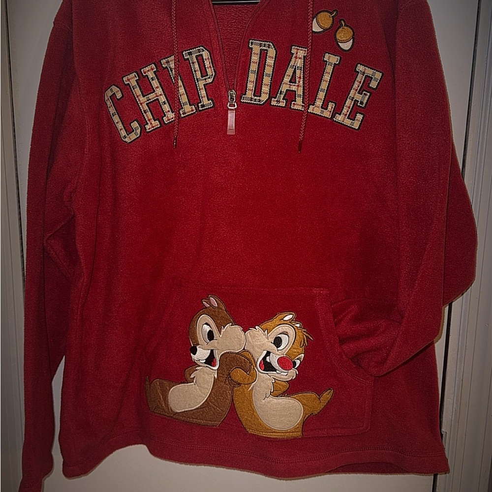 Vintage Disney Red Zip Up Sweater with Chip and Dale Graphic